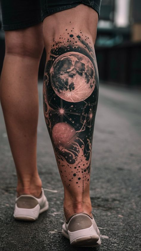 Astronomy Sleeve Tattoo, Realistic Moon Tattoo Designs, Constellation Moon Tattoo, Galaxy Leg Tattoo, Galaxy Tatoos Ideas, Mens Space Tattoos, Dark Space Tattoo, Andromeda Galaxy Tattoo, Circle Tattoo Design For Men