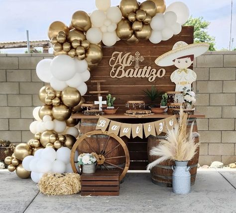 Backdrop and balloons Bautizo And 1st Birthday, Cowboy Bautizo Ideas, Western Bautizo Ideas, Charro 3rd Birthday Party, Cowboy Baptism Ideas, Bautizo Party Ideas, Charro First Birthday Boy, Western Baptism Ideas, Charro Bautizo Centerpieces