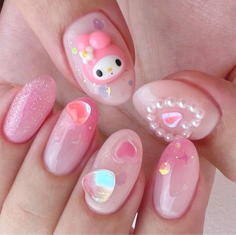 Short Sanrio Nails, Mymelody Nails, Kawaii Short Nails, My Melody Nail Art, My Melody Nails, Japan Nail, Kawaii Nail Art, Cute Simple Nails, Y2k Nails