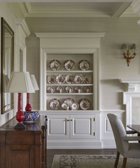 White China Cabinet Dining Room, Dining Room China Cabinet Ideas, Dining Room Hutch Built In, Built In China Cabinet Dining Room, Dining Room Shelving, Hermes Plates, Dining Room Built Ins, Styling A Bookcase, Dining Room Built In