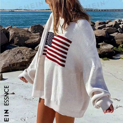 3 Sweaters Great For Beach Trip, Never Worn Will Come On Bag Shein Bag, Reason- Ordered Same Thing By Accident Flag Sweater Outfit, Preppy Mode, American Flag Sweater, Crop Top Dress, Sweater Oversize, Estilo Preppy, Drop Shoulder Sweaters, Sleeves Clothing, Oversized Pullover