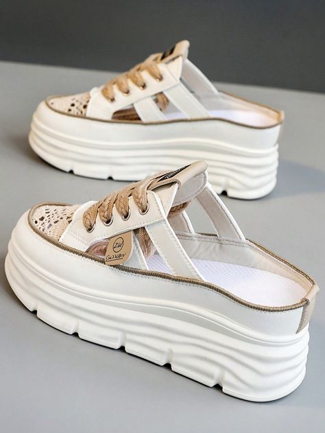 Mika Sporty Collar   Letter,Plain  Embellished   Women Shoes White Sneakers Women, Casual Sneakers Women, Platform Wedge Sandals, Women Sandals, Womens Sandals Flat, Casual Shoes Women, Shoes Fashion, Fashion Flats, White Sneakers