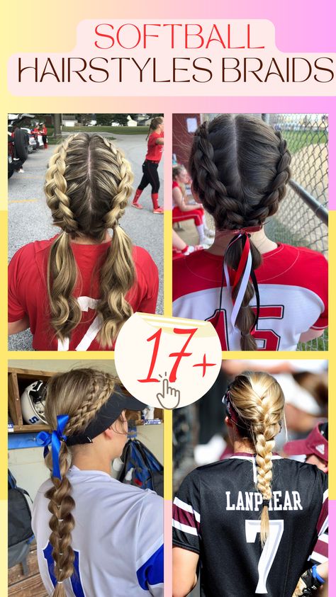 🥎 Hey softball players! Looking for some winning hairstyles for the field? Check out these 17+ best braided hairstyles that will keep your hair secure and stylish while you dominate the game. 💪⚡️ Let's braid it up and show off our skills on and off the softball field! #SoftballHairstyles #BraidsForDays #GameOn 🌟⚾️ Softball Girl Hairstyles, Pink Out Softball Ideas, Kids Softball Hair, Fun Softball Hairstyles, Hair Styles For Softball Players, Softball Pictures Hairstyles, Softball Catcher Hairstyles, Girls Softball Hairstyles, Girls Sports Hairstyles