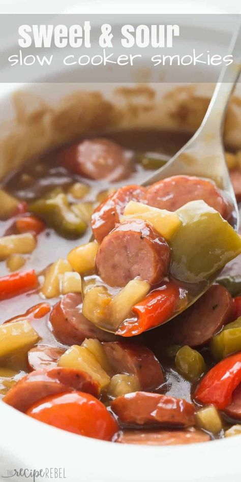 These Sweet & Sour Slow Cooker Smokies are an easy holiday appetizer or weeknight meal! Just a few minutes prep and let them cook away in the crockpot. Includes step by step recipe video. Lil Smokies Recipes, Little Smokies Recipes, Easy Potluck Recipes, Smokies Recipe, Little Smokies, Lil Smokies, Slow Cooker Appetizers, Holiday Appetizers Easy, Potluck Desserts