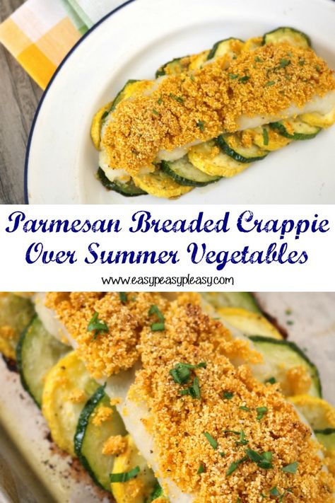 It's the catch of the day. See how Mississippi Crappie meets Arkansas in this flaky buttery Parmesan Breaded Crappie Over Summer Vegetables. Baked Crappie Recipes Oven, Crappie Fish Recipes, Crappie Recipes, Crappie Recipe, Wild Recipes, Sea Foods, Parmesan Bread, Summer Vegetables, Catch Of The Day