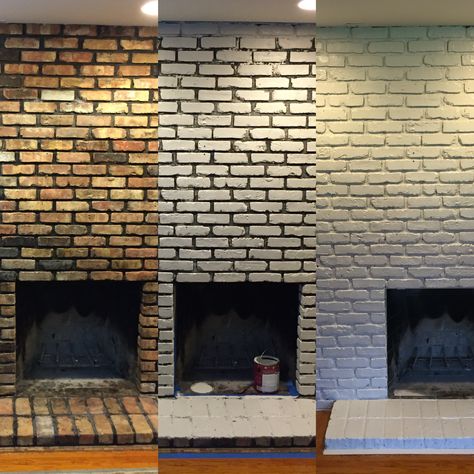 DIY brick fireplace update: from black mortar and dated brick to modern shabby chic white.  Two coats of Behr all-surface primer, two coats of Behr brick paint in Chocolate Froth.  Love the finished look! Brick Fireplace Update, Wash Brick Fireplace, Diy Brick Fireplace, White Wash Fireplace, White Wash Brick Fireplace, Wood Burning Fireplace Inserts, Brick Fireplaces, Fireplace Redo, Painted Brick Fireplace