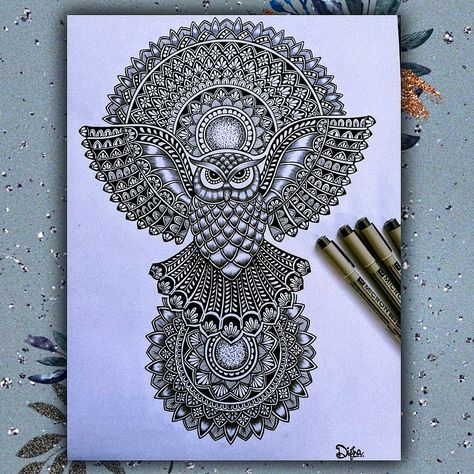 Owl Drawing Mandala, Islamic Pencil Art, Mandala Art A3 Size, A3 Mandala Art, A3 Size Mandala Art, A3 Size Drawings, Animal Mandala Artworks, Owl Mandala Drawing, Bird Mandala Art