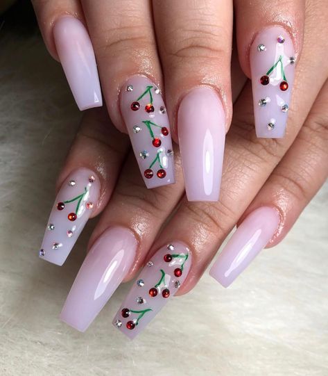 Cherry Nails, Nails Design With Rhinestones, Nail Art Designs Diy, Long Square Acrylic Nails, Square Acrylic Nails, Minimalist Nails, Cool Nail Designs, Pink Rhinestones, Rhinestone Nails