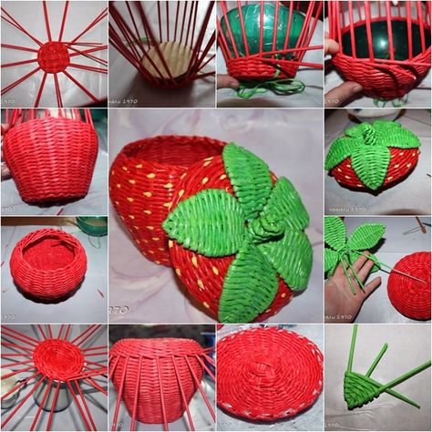 Woven paper craft is a nice way to recycle old newspaper and magazines. Sometimes it can be turned into some useful and beautiful household stuffs, such as storage boxes or baskets. Here is a fancy DIY project to weave beautiful storage basket in strawberry shape with tubes made from old … Diy Newspaper, Newspaper Crafts Diy, Recycle Newspaper, Newspaper Basket, Magazine Crafts, Paper Weaving, Easter Eggs Diy, Easter Basket Diy, Newspaper Crafts