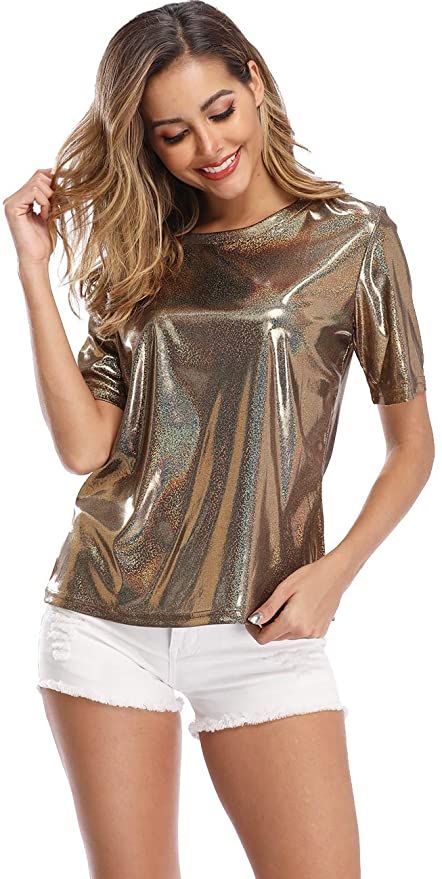 Shiny Tops for Women Holographic Shirt Sparkles Ultra Soft Glitter Metallic Blouse at Amazon Women’s Clothing store Holographic Shirt, Metallic Shirt, Glitter Blouse, Disco Costume, Bauchfreies Top, Sparkle Party, Metallic Shorts, Glitter Shirt, Metallic Blouses