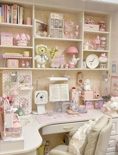 Kawaii Dorm Room, Desk Setup Coquette, Coquette Room Inspo Desk, Desk Kawaii, Kawi Desk, My Melody Desk Setup, Couqutte Desk, Kawaii Desk, Study Desk Decor