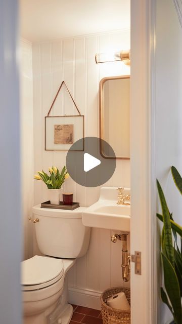 Patti Wagner | Home & Design on Instagram: "I’m amazed by how much the bead board paneling improved the aesthetic of our small 45” x 77” powder room in a timeless way. We encountered some unexpected issues during our DIY remodel but it was pure satisfaction when completed. 

If you’re thinking of remodeling a bathroom with imperfect walls, we shared some tips on what we learned on my blog (link in bio). 

Paint color: BM Atrium White
Music: Feel
Musician: LiQWYD

#powderroom #bathroomrenovation" Bead Board Walls Bathroom, Remodeling A Bathroom, Pure Satisfaction, Bead Board Walls, Bead Board, Bathroom Ceiling, Diy Remodel, Bathroom Renovation, Paint Color