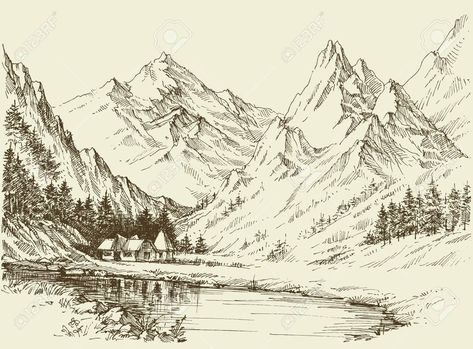 Mountain Landscape Drawing, Forest Sketch, Seni Mural, Mountain Sketch, Gambar Lanskap, Landscape Pencil Drawings, Mountain Drawing, Landscape Sketch, Landscape Designs