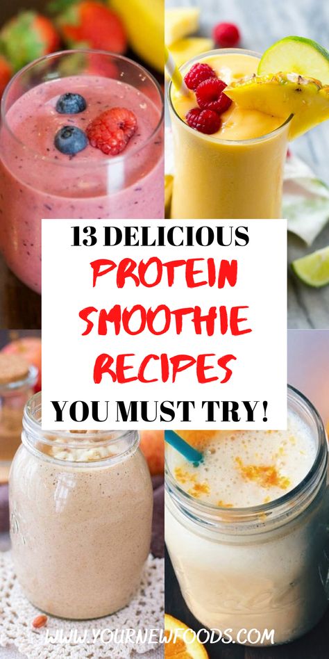 Delicious Recipes for protein smoothies. 13 must-try protein smoothies recipes, including spinach smoothie recipe, banana smoothie recipe & coffee in smoothies & many more. These Recipes for protein smoothies will show you how to make delicious protein smoothies. You will be able to enjoy protein smoothies that are packed full of flavor all year round. Which is your favorite? Leave a comment to let us know... Protein Powder Fruit Smoothie, Protein Smoothies Recipes, Protein Powder Smoothie Recipes, Protein Powder Recipes Shakes, Tasty Smoothie Recipes, Protien Smoothies Recipes, Whey Protein Smoothies, Protein Fruit Smoothie, High Protein Smoothie Recipes