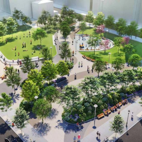 Updated design revealed for long-awaited Willoughby Square Park in Downtown Brooklyn Green Corridor, Millionaires Row, Downtown Brooklyn, Park Square, Office Plants, Elements Of Nature, Plant Identification, Water Element, Unique Plants