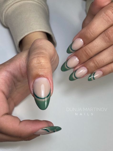 2 Colour Nails Design, Green And Brown Nails Acrylic, French Nails Green, Green French Nails, Nail Inspo French, Nessa Nails, Green French Tip, Biab Nails, Autumn 23