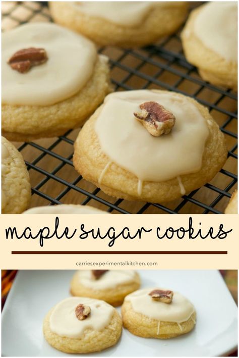 Soft and chewy in texture, these Maple Sugar Cookies coated with a maple syrup glaze and pecans are a must have Fall treat.#cookies #desserts Maple Cookie Frosting, Deserts Made With Maple Syrup, Amish Sugar Cookies Taste Of Home, Maple Cookies With Maple Frosting, Maple Sugar Cookies, Maple Pecans, Buckeye Cookies, Maple Syrup Glaze, 1 Cookies