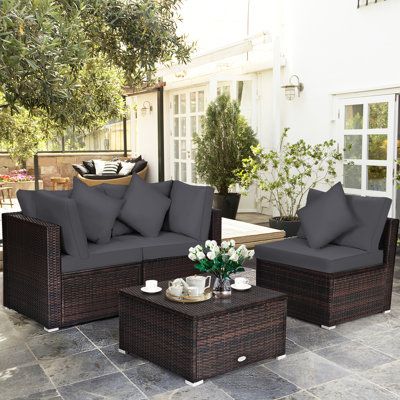 Poolside Decor, Rattan Furniture Set, Patio Sofa Set, Corner Sofas, Elegant Sofa, Armless Sofa, Wicker Sofa, Rattan Sofa, Black Cushions