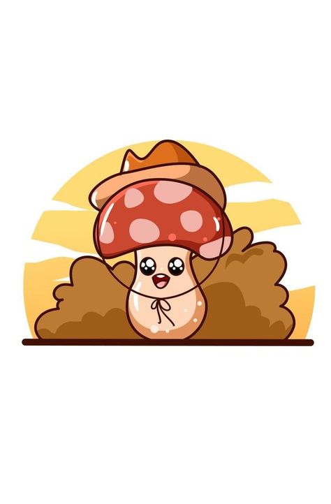 cute mushroom with cowboy hat cartoon illustration Cowboy Mushroom, Hat Cartoon, Mushroom Hat, Cute Mushroom, Illustration Cartoon, Wearing A Hat, Cowboy Hat, Cartoon Illustration, Rock Painting