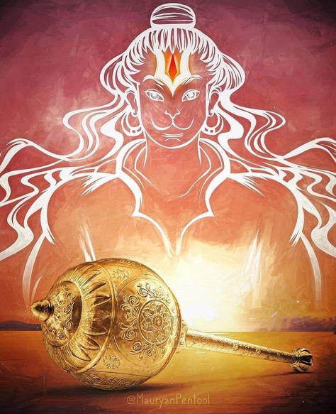 The Gada is the main weapon of Lord Hanuman. Known for his strength, Hanuman Ji is traditionally worshipped by wrestlers in South and Southeast Asia. Shri Vishnu also carries a gada named Kaumodaki in one of his four hands. In the Mahabharata epic, the fighters Bhima, Duryodhana, Jarasandha, Balarama and others were said to be masters of the gada. The martial art of wielding the gada is known as gada-yuddha. It can either be wielded singly or in pairs, and can be handled in twenty diff.. Hanuman Images Hd, Hanuman Ji Wallpapers, The Mahabharata, Shri Hanuman, Hanuman Photos, Hanuman Images, Hanuman Pics, Lord Hanuman Wallpapers, Hanuman Wallpaper