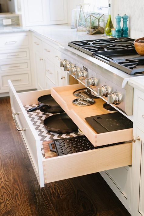 Drawers Under Gas Cooktop, Cook Top With Drawers Under, Stove Top Cabinet Ideas, Kitchens With Cook Tops, Kitchen Appliance Layout With Island, Wide Kitchen Drawers, Separate Stove Top And Oven, Under Island Cabinets, Kitchen Base Cabinets With Drawers