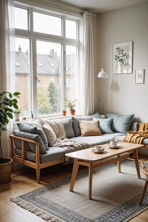 This living room embodies cozy hygge vibes, featuring soft neutral tones, plush textiles, and natural light that filters through sheer curtains. The design prioritizes warmth and comfort while remaining uncluttered. Hygge Interior Design Living Room, Nordic Minimalist Living Room, Nordic Living Room Scandinavian Interiors, Cozy Hygge Living Room, Hygge Interior Design, Seoul Apartment, Hygge Vibes, Hygge Interior, Hygge Living Room