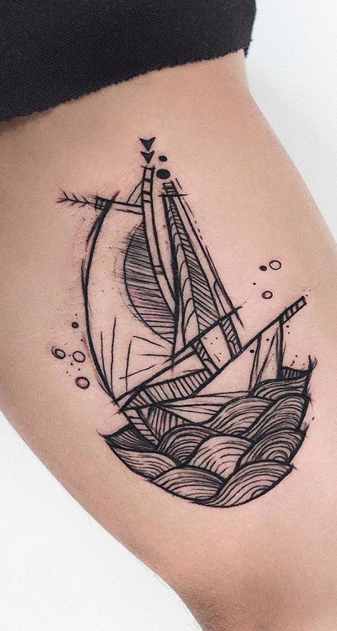 Water ocean tattoos boat Boat And Waves Tattoo, Ship Tattoo Women, Boat Line Tattoo, Feminine Boat Tattoo, Abstract Ocean Tattoo, Boat On Water Tattoo, Sailboat On Water Tattoo, Long Quote Tattoo, Water Tattoos