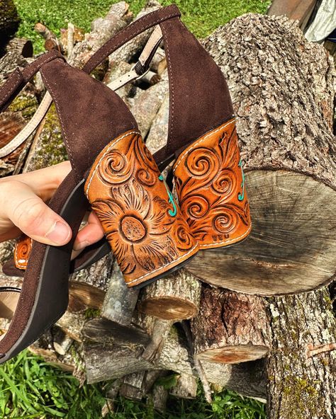 Order your custom heels on the website or Etsy! #western #leather #heels #leatherworkingtools #leatherwork #tooled #tooledleather #leatherheels #leathertooling #wedding #weddingday Custom Heels, Leatherworking Tools, Leather Patterns, Leather Tooling Patterns, Tooling Patterns, Leather Ideas, Western Leather, Leather High Heels, Leather Pattern