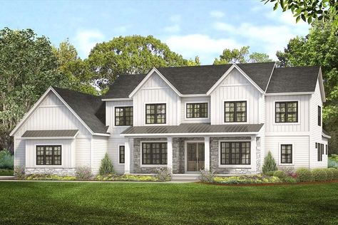 2-Story 4-Bedroom Country-Style Home With 2-Story Great Room (Floor Plan) – HomeApricot House Plans 2 Story, Room Floor Plan, Built In Lockers, Farmhouse House Plans, Country Style Bedroom, Two Story House Plans, 4 Bedroom House Plans, Bedroom Suites, House Plan Ideas