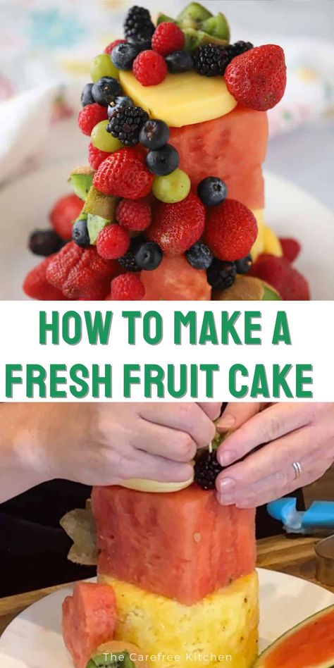 This Fresh Fruit Cake recipe is the perfect colorful centerpiece for just about any occasion. Made entirely out of fresh fruit, this refreshing, festive, raw cake is perfect for fruit lovers, vegans, and those with gluten free or other restrictive diets. #thecarefreekitchen #fruit #dessert #healthy #freshfruit #cake #vegan #watermeloncake Healthy Cake With Fruit, All Fruit Birthday Cake, Healthy Cake Alternatives, Cakes Made Of Fruit Birthday, Fruit Only Cake, Cake With Fresh Fruit On Top, Cakes Made With Fruit, Fruit Made To Look Like A Cake, Veggie Cakes Birthday