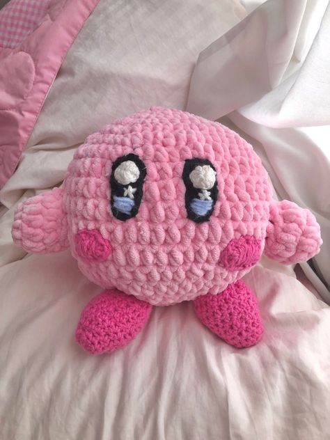 Pink Crochet Plushies, Crochet Fuzzy Yarn, Pink Yarn Crochet Ideas, Kirby Crochet Pattern, Fuzzy Yarn Crochet, Crochet Kirby, Pattern For Crochet, Cheyenne Mountain, Hello Kitty Crochet