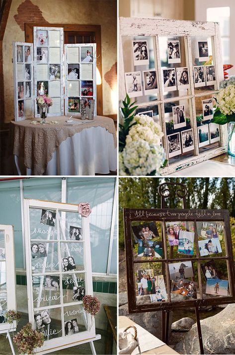 Old Window Photo Display, Old Windows Wedding Decor, Old Window Wedding Decor, Wedding Window Decorations, Window Wedding Decor, Photo Display Wedding, Dinner Photos, Favor Display, Wedding Photo Walls