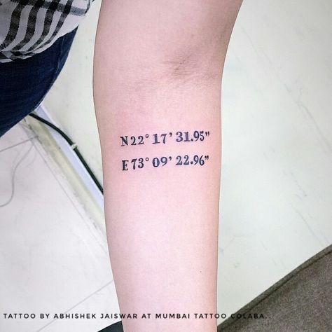 Lat Long Tattoo Latitude Longitude, Long Tattoo, Skyline Tattoo, Coordinates Tattoo, Date Tattoos, Ink Magazine, Number Tattoos, Latitude Longitude, Tattoo Work