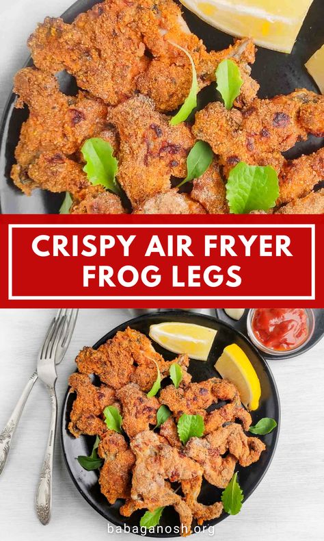 This is a great beginner frog legs recipe, since it takes 20 minutes from scratch and the air fried frog legs come out super crispy and delish - sort of like chicken wings! These frog legs are coated in a simple breading mixture and cook up in less than 10 minutes. Serve with your favorite dip (lots of ideas included in the recipe) and pair with your favorite sides (read the recipe for what to serve with frog legs). A great French recipe to try if you're into unique meats and game meats. Frog Legs Recipe Air Fryer, Frog Legs Recipe Fried, Frog Legs Recipe, Fried Frog Legs, Sauce Cocktail, Like Chicken, Cocktail Sauce, Tartar Sauce, Air Fryer Recipes Easy