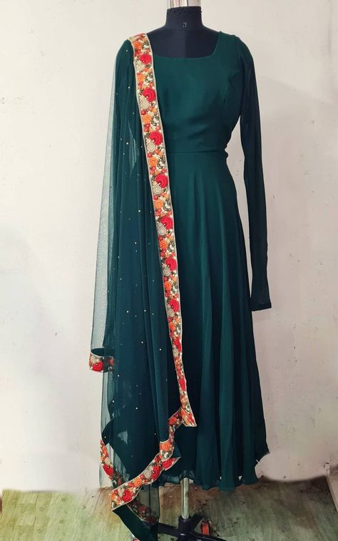 Bottle Green Georgette Anarkali With Net Dupatta and Matching - Etsy India Bottle Green Contrast Color Suit, Bottle Green Anarkali, Green Contrast Color, Flared Anarkali, Simple Long Dress, Silk Anarkali Suits, Georgette Anarkali, Churidar Designs, Dress Book