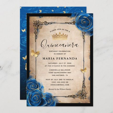 Royal Blue Gold Watercolor Elegant Quinceanera Invitation - tap, personalize, buy right now! #Invitation #blue #gold #quinceanera #invitations #15, Royal Blue And Gold Quince Invitations, Royal Blue Quinceanera Decorations, Quinceañeras Ideas, Navy Gold Wedding Invitations, Quinceanera Checklist, Quince Invites, Invitations Quinceanera, Navy Gold Wedding, Blue Quince