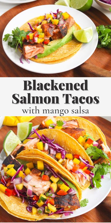 This easy fish taco recipe with salmon features a homemade mango habanero salsa that adds a delicious sweet heat! The blackened seasoning adds a great “crust” to the salmon for a super unique texture. This is a healthy salmon dinner idea for any time of year - it can be made on the stovetop or the grill! Mango Salsa For Fish, Recipe With Salmon, Blackened Salmon Tacos, Mango Tacos, Salmon Fish Tacos, Mango Fish, Easy Fish Taco Recipe, Healthy Salmon Dinner, Salmon Tacos Recipe