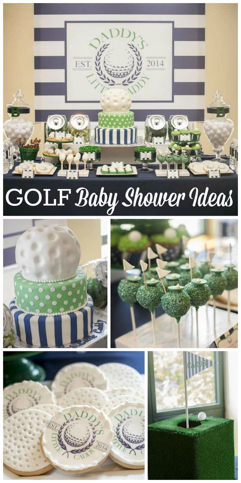 A baby shower with a "Daddy's Little Caddy" golf theme in navy blue and green with a preppy look!  See more party planning ideas at CatchMyParty.com! Golf Baby Showers, Golf Theme Party, Golf Baby, Golf Birthday Party, Golf Mk5, Golf Party, Golf Theme, Golf Birthday, Boy Baby Shower Themes