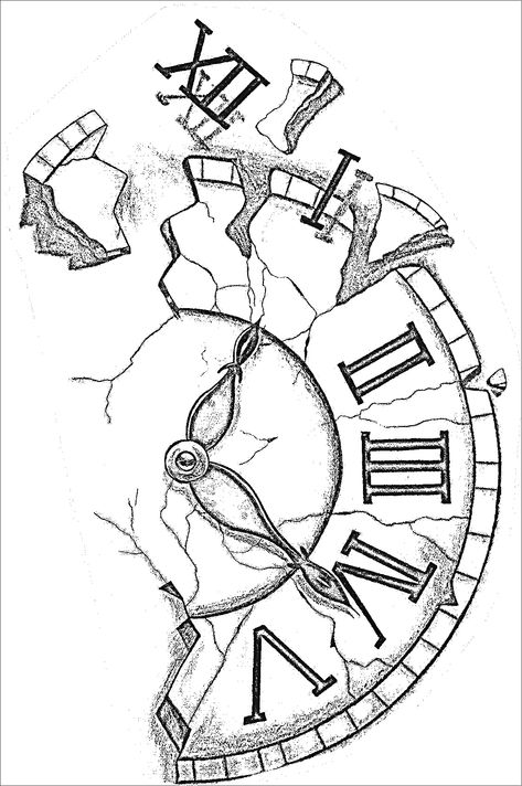 Clock Tattoo Stencil, Tato Jam, Broken Clock, Tato Suku, Clock Drawings, Half Sleeve Tattoos Drawings, Clock Tattoo Design, Tattoo Outline Drawing, Drawing Stencils