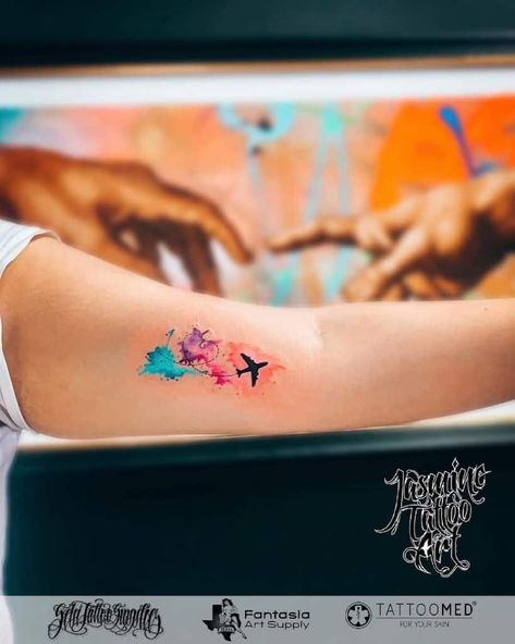 Watercolor Airplane Tattoo, Small Airplane Tattoo, Travel Tattoo Ideas For Women, Airplane Tattoo Ideas, Tattoo Airplane, Paper Airplane Tattoo, Tattoos Spine, Paper Airplane Tattoos, Travel Tattoo Ideas