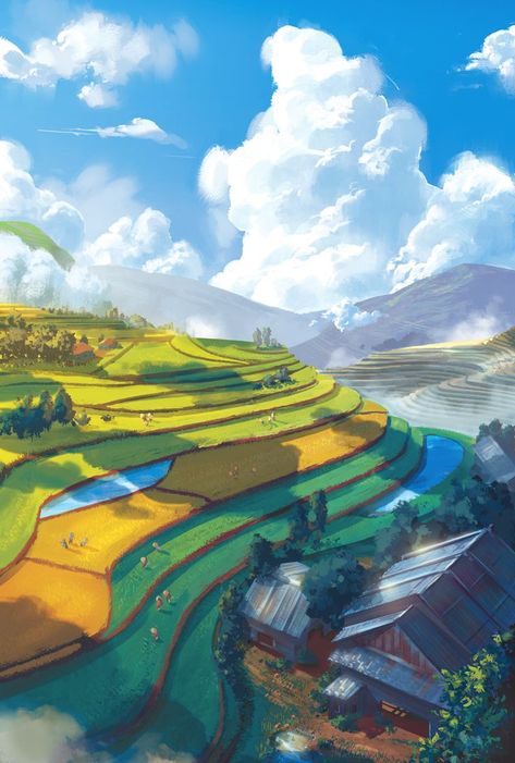 Digital Painting Inspiration Farmland Fantasy Art, Village Illustration Art, Farming Village Concept Art, Society Drawings Illustration, Nature Digital Painting, Fantasy Farm Concept Art, Farm Illustration Art, Clouds Digital Painting, Fantasy Farm Art