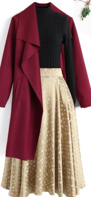 Maroon And Gold Outfit, Burgundy And Gold Outfit, Black Gold Outfit, Gold Satin Skirt, Vocaloid Outfits, Burgundy Dress Outfit, Christmas Day Outfits, Black And Gold Outfit, Maroon Aesthetic