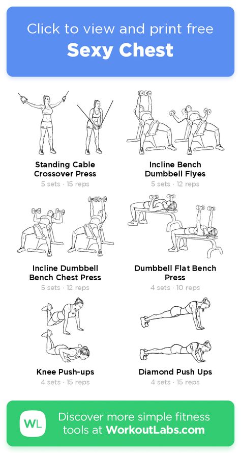 Sexy Chest – click to view and print this illustrated exercise plan created with #WorkoutLabsFit Gym Workout For Chest, Chest And Leg Workout, Beginner Chest Workout For Women, Chest Workout Dumbell Women, Chest Dumbbell Workout Women, Chest Press Workout For Women, Womens Chest Workout, Chest Workout Women Gym, Chest And Bicep Workout