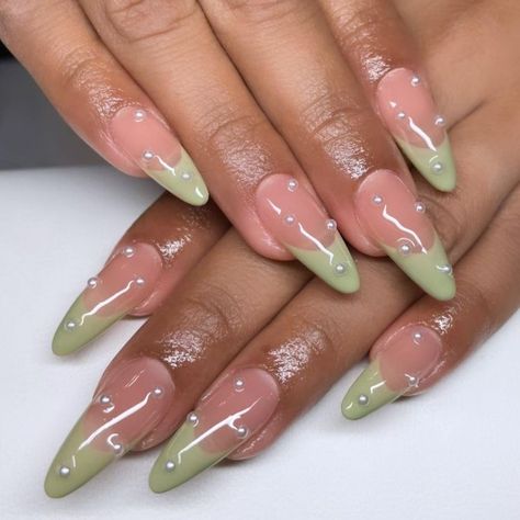 Rhinestones Nails Designs, Green Nails With Pearls, Frenchies With Pearls, Light Green French Tip, Green Nails With Rhinestones, Almond Y2k Nails, French Tip Pearl, Rounded Stiletto Nails, Matcha Nails