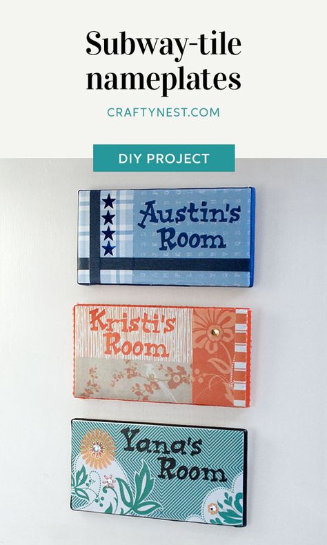 How to make bedroom door nameplates from standard subway tiles, some scrapbooking paper, and decorations. DIY instructions and free template. Leftover Tile, Summertime Crafts, Accordion Book, Tile Crafts, Alphabet Stickers, Subway Art, Camping Crafts, Nursery Ideas, Subway Tile