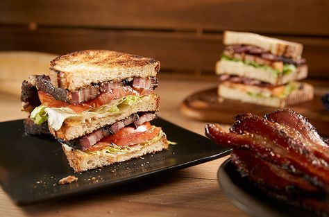 The Ultimate Triple-Decker BLT Recipes - Barbecuebible.com Curing Bacon, Smoked Pork Belly, Blt Recipes, Blt Sandwich, Grill Grates, Smoked Pork, Old Fashioned Recipes, Lettuce Leaves, Sliced Tomato