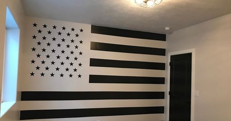 American Flag Accent Wall, American Flag In Bedroom, American Flag Mural, American Flag Bedroom Ideas, Military Bedroom Ideas, Flag Bedroom Ideas, American Flag On Wall, Flags In Bedroom, American Flag Room