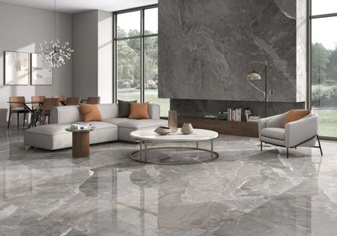 Grey Tiles Living Room, Living Room Tiles Design, Grey Marble Floor, Room Tiles Design, Reka Bentuk Ruang Tamu, Marble Living Room, Tiles Living Room, Reka Bentuk Dalaman, Hiasan Dalaman Rumah