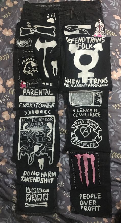 Patch Flannel Punk, Alt Patches Ideas, Punk Stencils Diy, Punk Rock Embroidery, Punk Outfits Diy, How To Make Patches Punk, Patch Pants Diy, Punk Sayings, Patch Pants Ideas