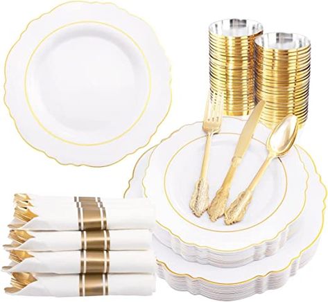 Napkins With Silverware, White And Gold Plates, Disposable Wedding Plates, Gold Plastic Silverware, Gold Plastic Plates, Plastic Dinnerware Sets, Gold Dessert, Disposable Plastic Plates, Gold Plates